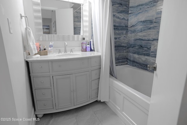 full bath with vanity and shower / bathtub combination with curtain