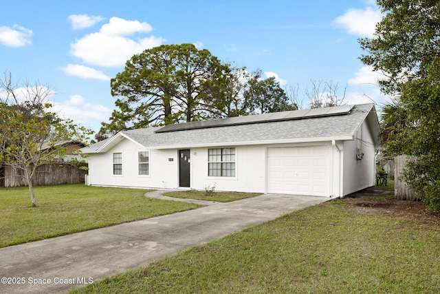 single story home featuring a garage, a front lawn, roof with shingles, and fence