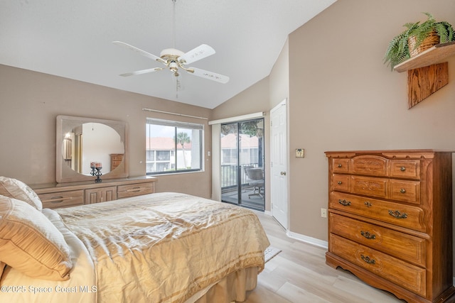 bedroom with a ceiling fan, light wood-style floors, vaulted ceiling, baseboards, and access to exterior