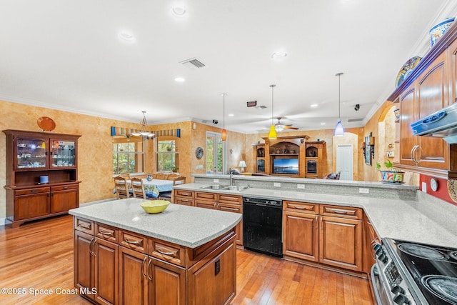 kitchen with a sink, black dishwasher, electric stove, open floor plan, and pendant lighting