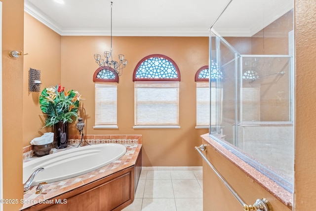 full bath featuring tiled shower, tile patterned floors, crown molding, a chandelier, and a bath