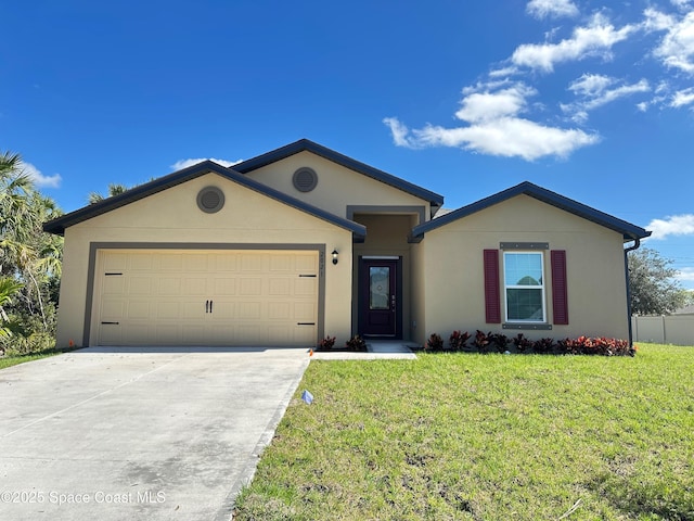 ranch-style home with a garage, a front lawn, concrete driveway, and stucco siding