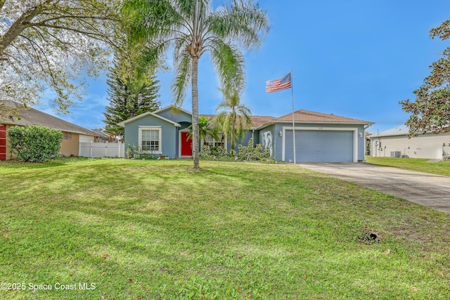 ranch-style house with stucco siding, fence, a garage, driveway, and a front lawn