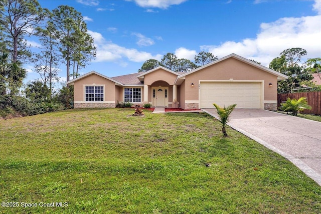 single story home featuring a front yard, stone siding, and stucco siding