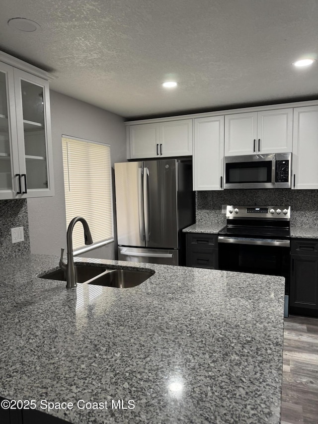 kitchen featuring white cabinets, glass insert cabinets, light stone counters, appliances with stainless steel finishes, and a sink