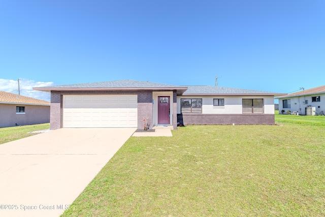 ranch-style home featuring a garage, concrete driveway, brick siding, and a front lawn