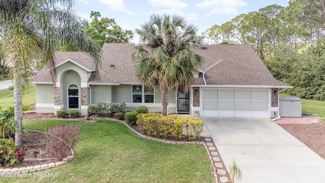 view of front of house with a garage, roof with shingles, a front lawn, and stucco siding