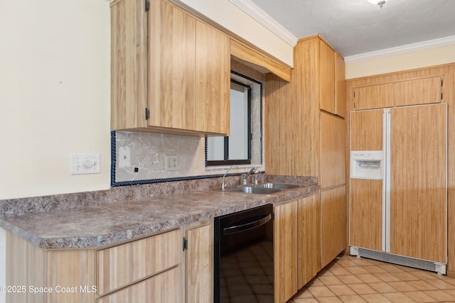 kitchen with light brown cabinets, a sink, dishwasher, crown molding, and paneled refrigerator with ice dispenser