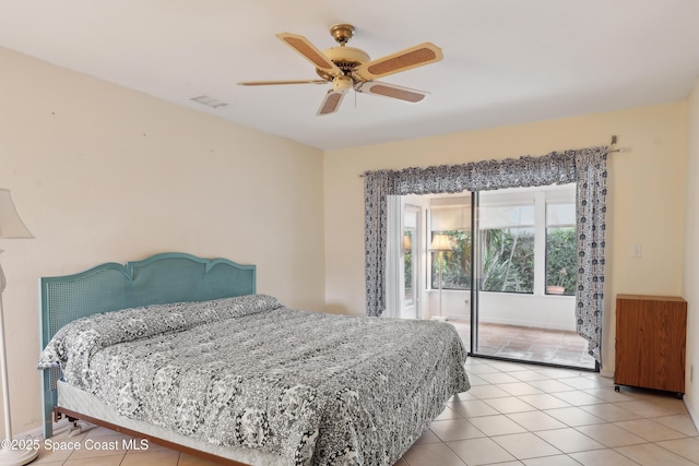 bedroom with light tile patterned flooring, visible vents, and ceiling fan