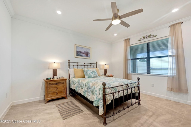 bedroom featuring recessed lighting, crown molding, and baseboards
