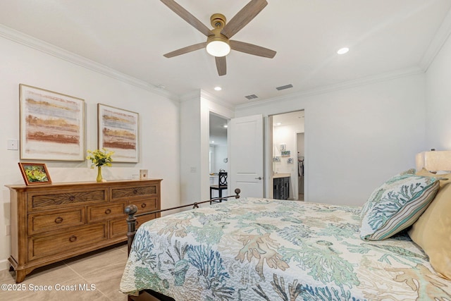 bedroom with light tile patterned floors, visible vents, a ceiling fan, ornamental molding, and recessed lighting