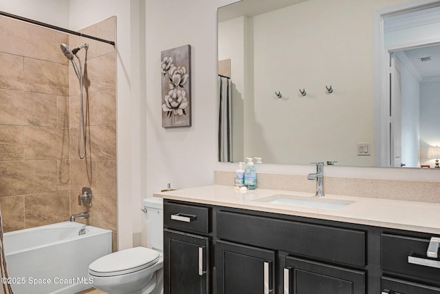 full bath with toilet, visible vents, shower / bath combo, and vanity
