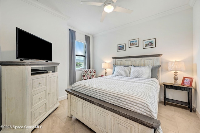 bedroom with ornamental molding, light tile patterned flooring, ceiling fan, and baseboards