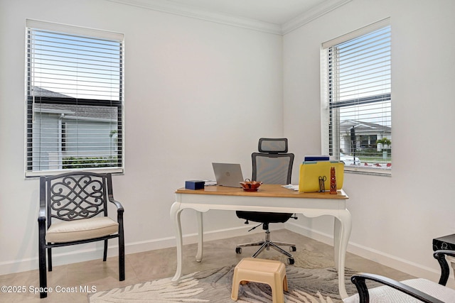 tiled office featuring baseboards and ornamental molding