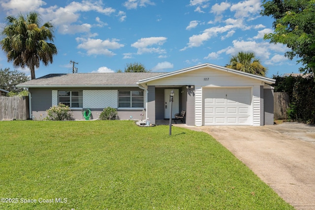 ranch-style home with driveway, an attached garage, fence, and a front lawn