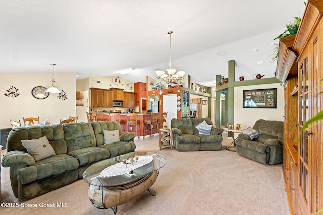 living area featuring lofted ceiling, light colored carpet, and a notable chandelier