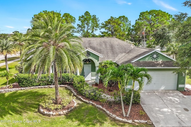 view of front of home featuring a garage, concrete driveway, a front lawn, and stucco siding