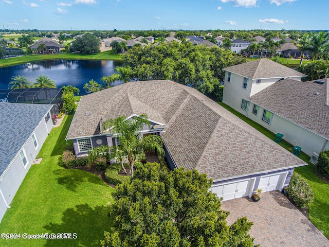 bird's eye view featuring a residential view and a water view