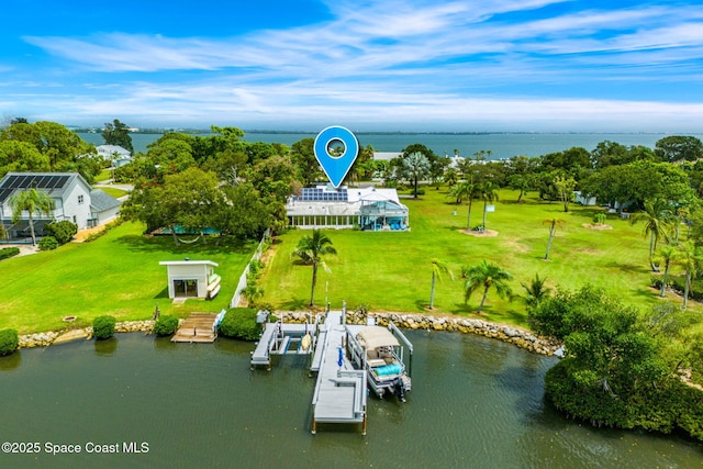 aerial view featuring a water view