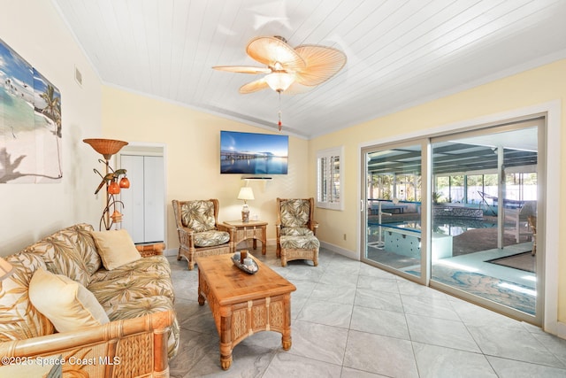 living room featuring ornamental molding, visible vents, a ceiling fan, vaulted ceiling, and wooden ceiling