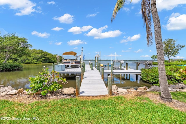 view of dock with a water view and boat lift