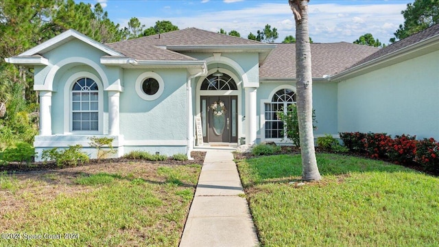 view of front of home with a shingled roof, a front lawn, and stucco siding