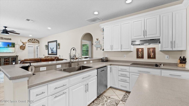 kitchen with black electric cooktop, under cabinet range hood, a sink, white cabinetry, and dishwasher