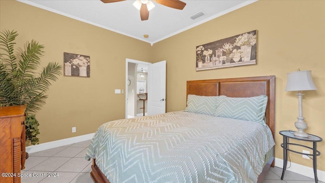 bedroom featuring light tile patterned floors, visible vents, ornamental molding, and baseboards