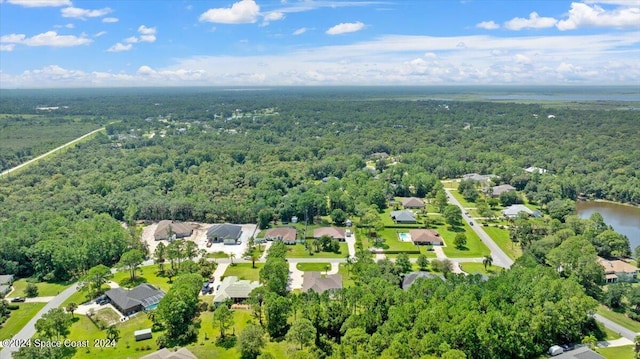 birds eye view of property with a residential view, a water view, and a forest view