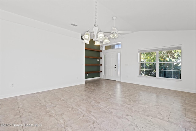 empty room featuring visible vents, vaulted ceiling, baseboards, and ceiling fan with notable chandelier