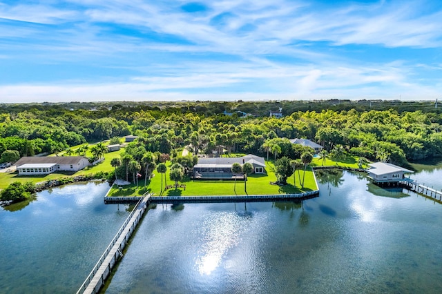 drone / aerial view featuring a water view and a wooded view