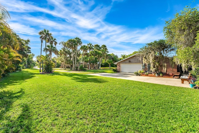 view of yard featuring a garage and driveway