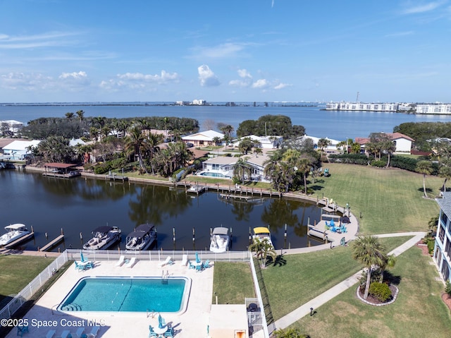 drone / aerial view with a water view