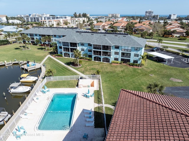 aerial view featuring a water view