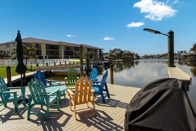 view of dock featuring a water view and fence