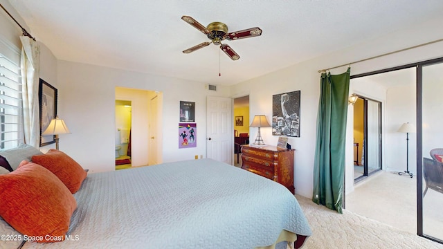 bedroom with light carpet, visible vents, and a ceiling fan