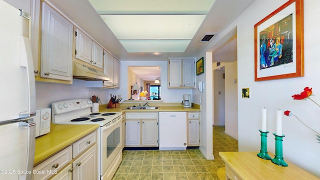 1999 S Banana River Blvd Unit 313, Cocoa Beach, FL 32931 - kitchen featuring white appliances, under cabinet range hood, a sink, light countertops, and light flooring