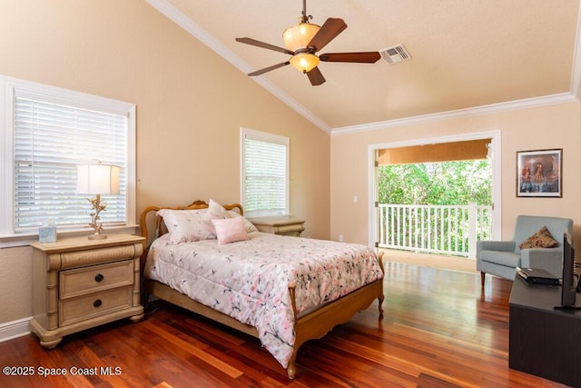 bedroom with access to exterior, visible vents, ornamental molding, vaulted ceiling, and multiple windows