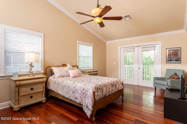 bedroom featuring visible vents, dark wood-style floors, ornamental molding, access to exterior, and vaulted ceiling