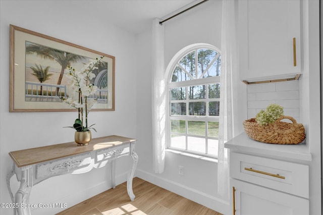 doorway to outside with baseboards, light wood-type flooring, and a healthy amount of sunlight