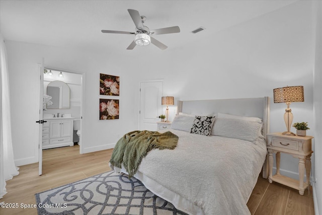 bedroom with ceiling fan, light wood-type flooring, visible vents, and baseboards