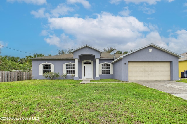 ranch-style house featuring a front lawn and stucco siding