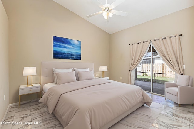 6480 Annapolis St, Cocoa, FL 32927 - bedroom with light marble finish flooring, access to outside, lofted ceiling, and ceiling fan