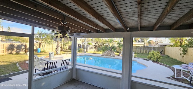 view of pool featuring a patio area, a fenced backyard, a fenced in pool, and a ceiling fan