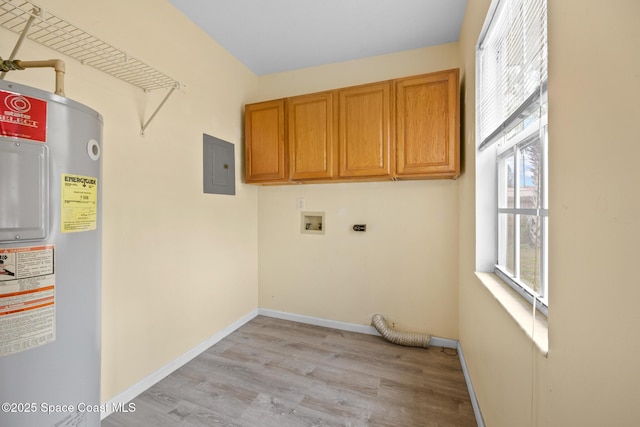 laundry room featuring baseboards, cabinet space, electric water heater, and electric panel