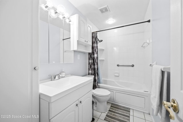 full bathroom with toilet, visible vents, shower / bath combination with curtain, and vanity