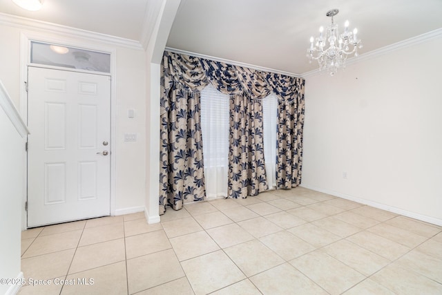 entryway featuring baseboards, crown molding, an inviting chandelier, and light tile patterned floors