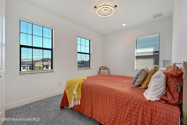 bedroom featuring recessed lighting, carpet flooring, visible vents, and baseboards