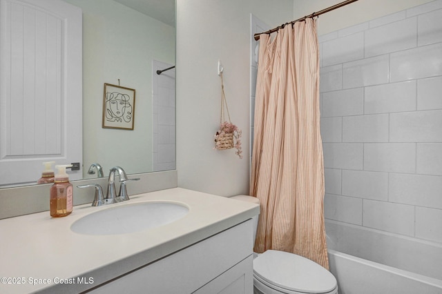 full bathroom with toilet, shower / tub combo, and vanity