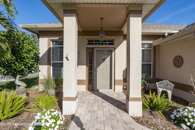 entrance to property with roof with shingles and stucco siding